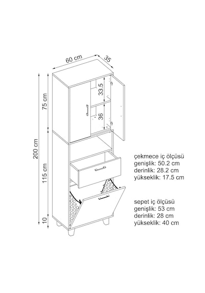 Çamaşır Sepetli Banyo Dolabı, Çok Amaçlı Çekmeceli Dolap 60 X 200 Cm Kumtaşı
