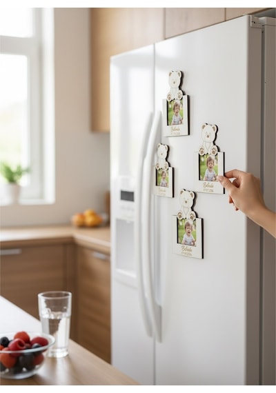 Kişiye Özel Ayıcık Figürlü Ahşap Fotoğraflı Magnet 10'lu Beyaz