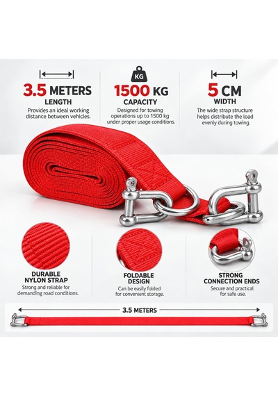 Kemer Çekme Halatı, 3,5 Metre, 1500 Kg Kapasiteli, 5 Cm Genişlik, Naylon Araç Çekme Halatı, Oto Kurtarma Çeki Hal
