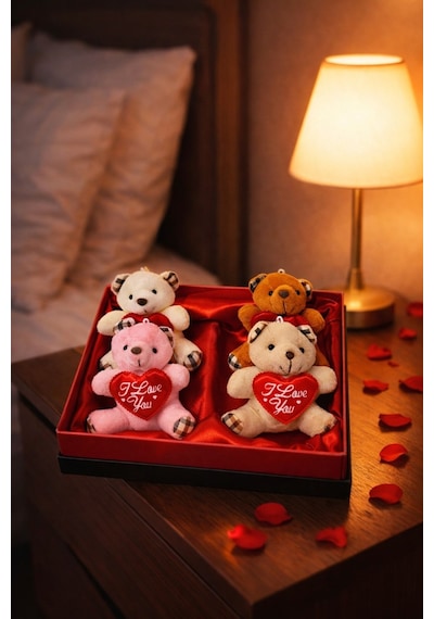Sevgililer Günü Hediye Kutusu 4 Adet I Love You Temalı Peluş Ayıcıklı Romantik Hediye Seti Kutusu Ayı
