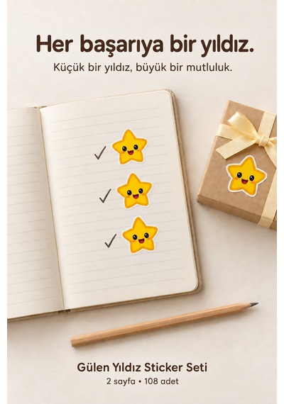 Gülen Yıldız Sticker Seti 108 Adet 2 Sayfa Öğrenci Ödüllendirme, Ödev Takibi Ve Defter Süsleme Çok Renkli