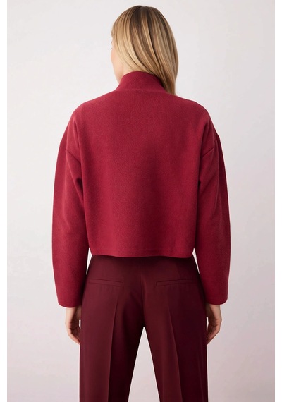 Benerly Kadın Dik Yaka Düşük Kol Fermuarlı Regular Kalıp Örme Sweatshirt Bordo