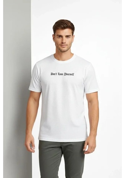 Vexor Erkek Wafıl Kumaş Tişört Regular Kalıp Bisiklet Yaka Baskılı Günlük Basic T-shirt - Beyaz