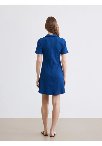 Lc Waikiki Lacivert Polo Yaka Fitilli Peplum Mini Elbise