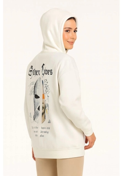 Valensdesign Kapşonlu Sweatshirt Oversize Üç İplik Şardonlu Hoodie, Other Lives Ön - Arka Baskılı, Kanguru Ce Beyaz