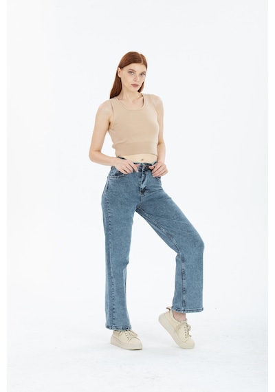 Gri Likralı Süper Yüksek Bel Wide Leg Salaş Jeans Palazzo Pantolon