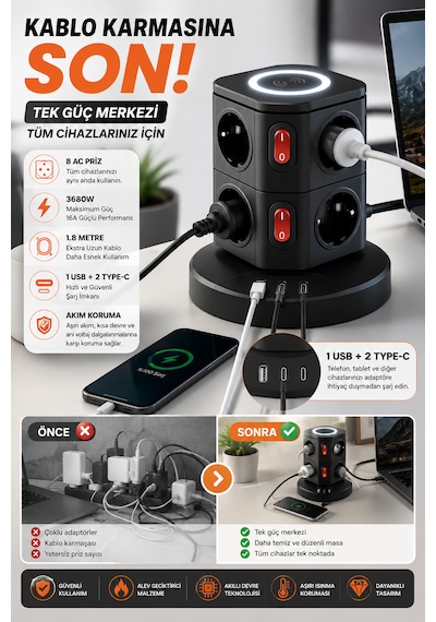 3680w Kablosuz Şarjlı Kule Priz 8 Ac Priz 1 Usb 2 Type-c Akım Korumalı Topraklamalı Çoklu Priz Ev Ofis Bilgisayar Gaming Şarj İstasyonu Ps-9