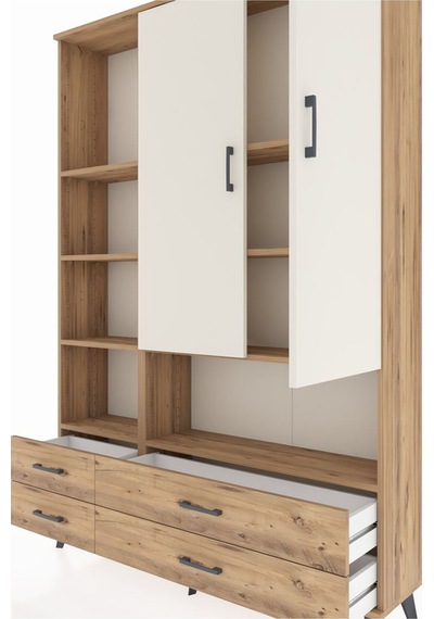 Arges Dolap 8 Raflı 4 Çekmeceli 2 Kapaklı 132x30x195 Çam-aytaşı/çam Aytası/atlas Çam