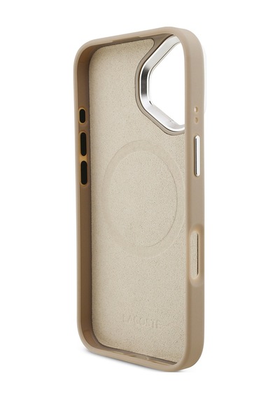 Apple Uyumlu iPhone 17  Kılıf Lacoste Lisanslı M-safeli Pu Pike Desenli Standlı Metal Logolu Kapak Bej Bej