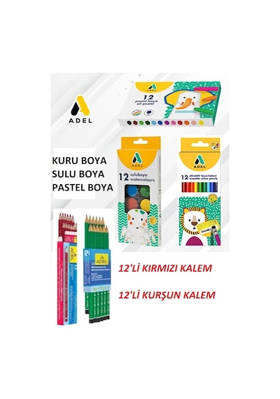 Adel Kırtasiye Seti 12'li Kuru Boya Sulu Boya Pastel Boya Kurşun Kalem Kırmızı Kalem Karışık
