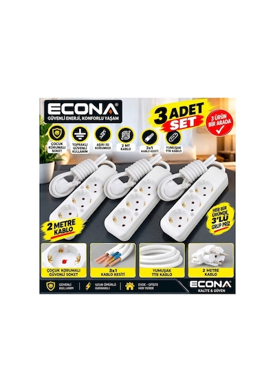 3 Adet--3,lü Topraklı Grup Priz 2 Metre Kablolu - 3 Adet Çoklu Priz Seti 3x1 Mm² Esnek Yumuşak Ttr Kablo Beyaz Uzatma Prizi Çoklu Priz 0