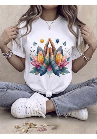 Lotus Ve Dua Eden El Baskılı Kompak T-shirt Beyaz