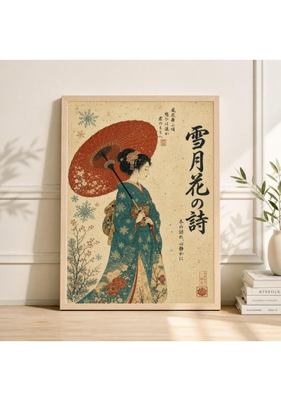 Japon Geyşa Posteri, Turkuaz Kimono, Kırmızı Şemsiye Sahnesi, Geleneksel Ahşap Baskı Tarzı Sanat Eseri