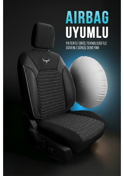 Boğa Serisi Tam Set Dokuma Kumaş Tüm Binek Araçlara Uyumlu Spor Dikiş Oto Koltuk Kılıfı Siyah-Gri