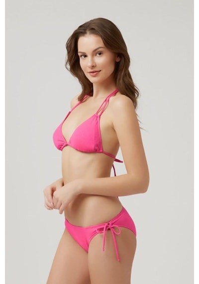 Kom Boyundan Bağlamalı Çıkarılabilir İnce Kaplı Fabyos İpli Dokulu Üçgen Bikini Neon Pembe