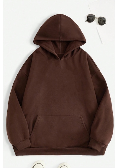 Unisex Mantar Baskılı Oversize Sweatshirt Kahverengi