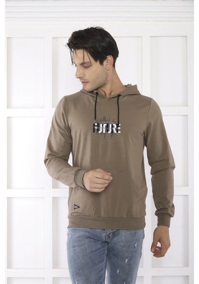 Escetic Spor Erkek Haki Cepli, Kapüşonlu Sweatshirt-4166