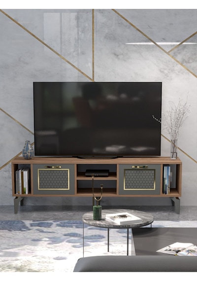 Tv Sehpası Tv Ünitesi Atlantik Çam Antrasit Gold 160 Cm Linya 5040 Kahverengi