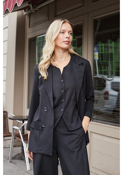 Kadın Süet Dokulu Kumaş Yakalı Capri Kol Cep Kapaklı Blazer Ceket-siyah Siyah
