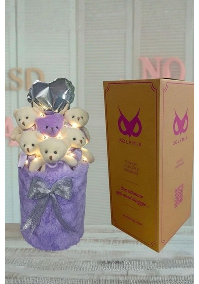 Deluxe Lila Peluş Silindir Kutuda, Led Işıklı Kalpli Balonlu 6 Lı Lila Ayıcık Buketi - Sevdiğine Hediye