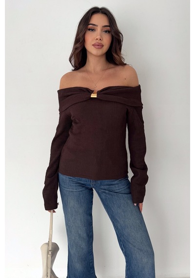 Noa & Noa Kadın Omuz Açık Toka Detaylı Bluz Burgundy Charm Kahverengi