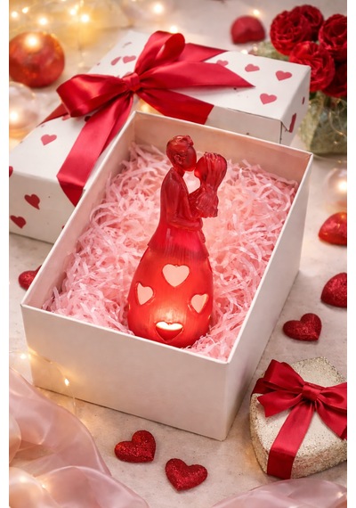 Romantik Çift Figürlü Epoksi Mumluk Kalp Detaylı Dekoratif Mum Lambası & Sevgili Hediyesi Alternatif Başlıklar Kırmızı