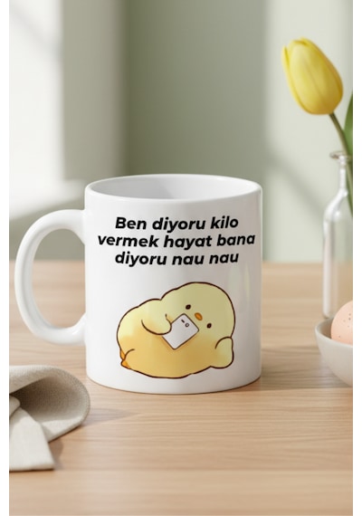 Eğlenceli Kupa Bardak ''ben Diyoru Kilo Vermek Hayat Bana Diyoru Nau Nau '' Yazılı Baskılı Kupa Beyaz