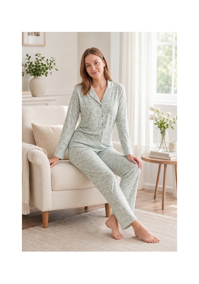 Flz Kadın Kışlık Viskon Pijama Takımı M L Xl Xxl Uzun Kollu Boydan Düğmeli Şık Ev Giyim 89-164 Mint
