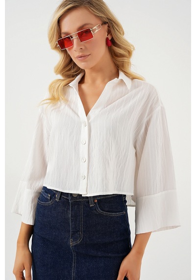 Bigdart Kadın Çizgili Oversize Kısa Gömlek 20326 - Beyaz