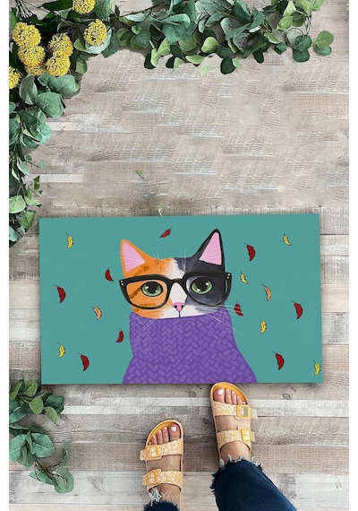 Valerine Life Aristokrat Kedi Yeşil Renkli Welcome Hoş Geldiniz Kapı Önü Paspası 45x70cm Kahverengi