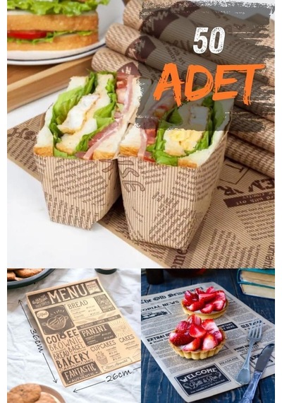 50 Adet Vintage Gazete Desenli Sunum Kağıdı - Desenli Yağlı Sunum Kağıdı Yağ Geçirmez Kağıt