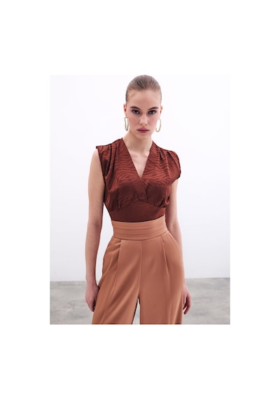 Sateen Kruvaze Desenli Saten Bluz - Kahve-134470 Kahve