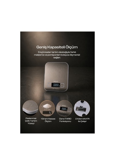 Hassas Mutfak Tartısı ,Dijital Ekranlı - Paslanmaz Mutfak Terazi ,1 Gram Hassas Ölçü ,Dara-TARE Fonksiyonu ,4 Farklı Ölçü Birimi g + oz + ml + ıb:oz