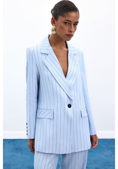 Sateen Rina Çizgili Ceket - Bebe Mavi-136933 Bebe Mavi