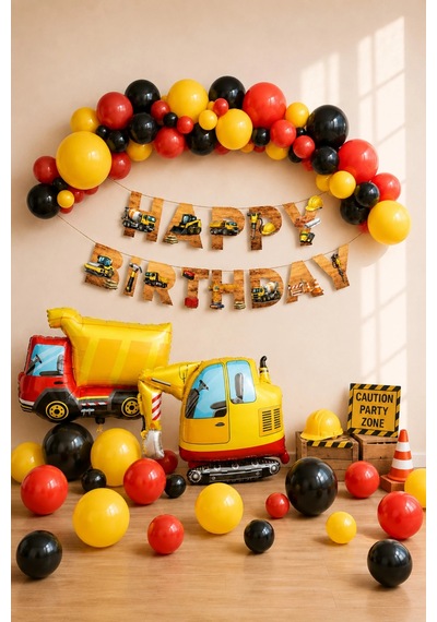 İnşaat Temalı Doğum Günü Balon Seti Kırmızı Siyah Sarı Happy Birthday Kamyon Kepçe