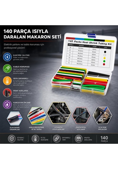 140pcs Makaron Kablo Tamir Seti Isıyla Büzüşmeli Daralan Hortum 5523
