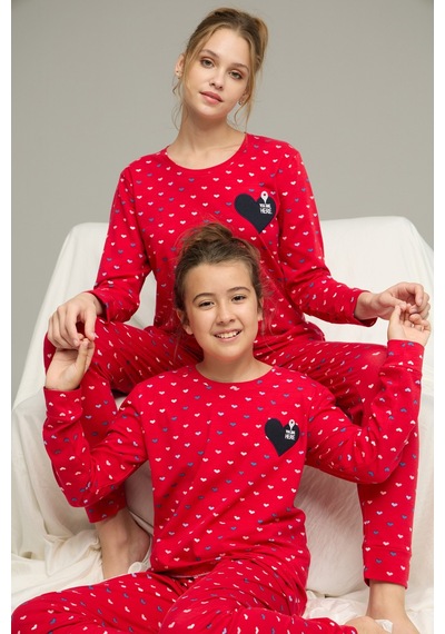 Siyah İnci Pamuklu Bisiklet Yaka Örme Pijama Takım25241153 Kırmızı