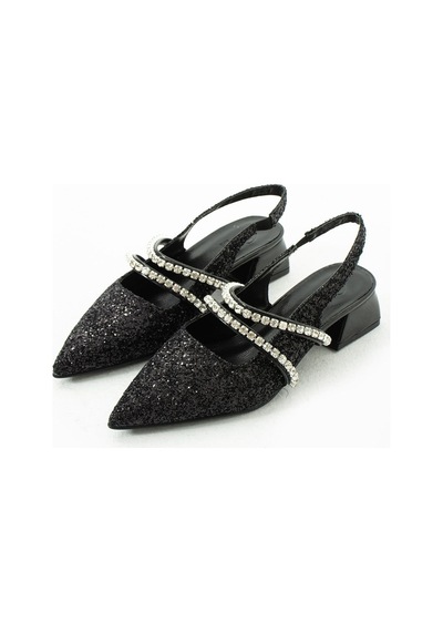 Duxal Shoes Kadın Taşlı Şık Babet-topuklu Ayakkabı-linda Siyah Simli