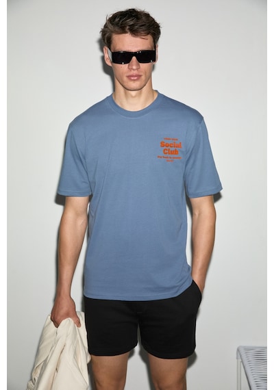 Grımelange Jumılla Erkek Pamuk Yumuşak Kumaşlı Baskılı Yuvarlak Yaka İndigo T-shirt