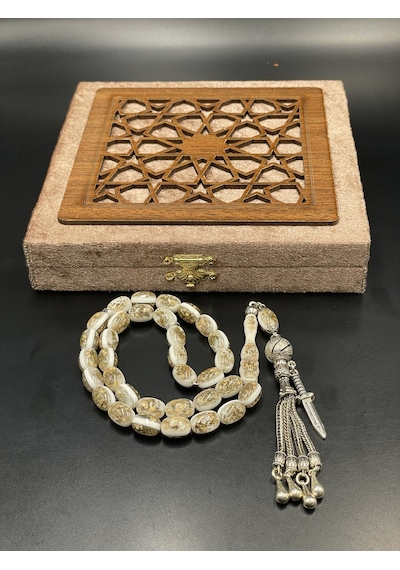 Onurlu Tesbihane Golden Rozalin Uçak Camı Tesbih Beyaz Sedef 8,5x12 Mm Erkek Tesbihi Gümüş