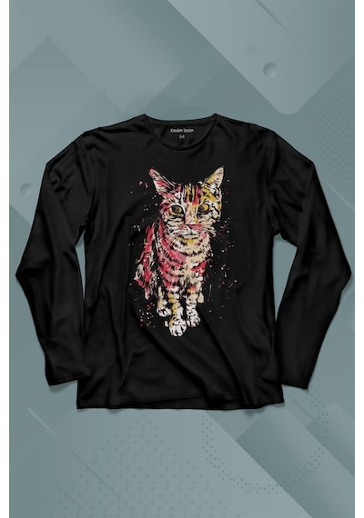 Sevimli Masum Rengarenk Kedi Çizim Silüeti Uzun Kollu Tişört Baskılı Çocuk T-shirt 001