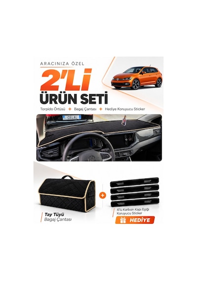 Volkswagen Polo 2022-2025 Uyumlu Torpido Örtüsü + Tay Tüyü Bagaj Çantası + Sticker - Siyah Bej