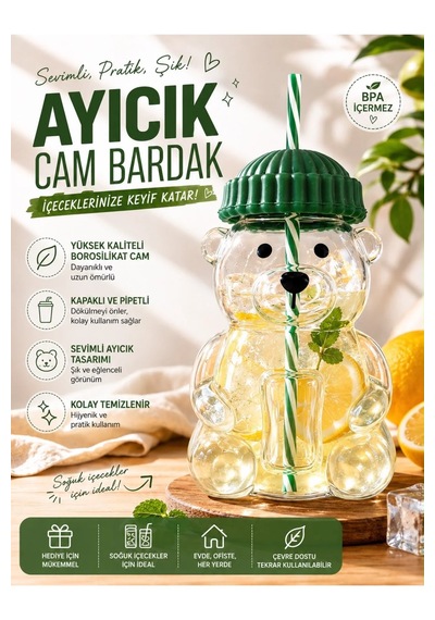Premium Cam Barista Soğuk İçecek Bardağı Ayıcıklı Bardak Yeşil