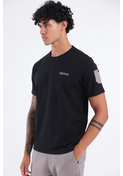 Rowinger Waffle Örgü Dokulu Göğüs Logolu Kolda Mini Cep Detaylı Bisiklet Yaka Erkek Spor T-shirt Siyah