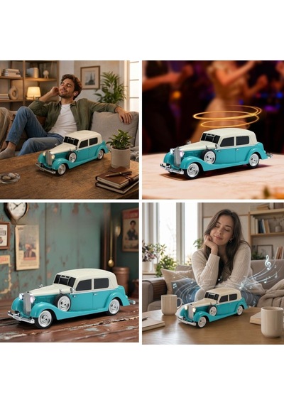 Buffer Retro Klasik Araba Bluetooth Hoparlör, Işıklı Nostaljik Radyo, Yuvarlak Far Detaylı Kablosuz Müzik Çalar