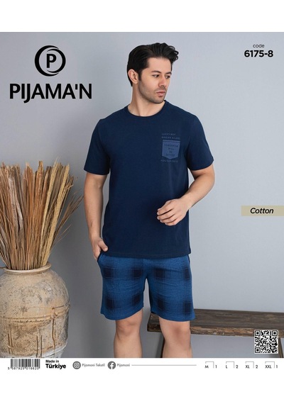 Pijamoni Erkek Bisiklet Yaka Kısa Kol Şortlu Pijama Takımı 6175/8 - 1 Adet Lacivert
