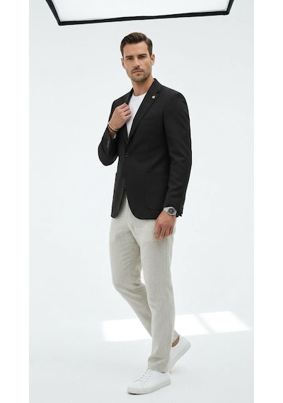 Plus Scorpion Ck089 Erkek Slim Fit Blazer Ceket Tek Düğmeli Çift Yırtmaçlı Torba Cepli Yarım Astarlı Siyah