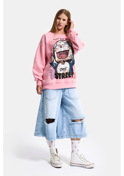 Itsbasic Kadın Pembe W5 Oversize Baskılı %100 Koton Organik Kumaş Sweatshirt