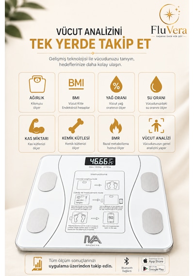 Pilli Bluetooth Akıllı Baskül Vücut Yağ Su Kas Vücut Kitle Endeksi Analizli Dijital Tartı 180 Kg 50 Gr Hassasiyet Bmı Yağ Su Kas Ölçer