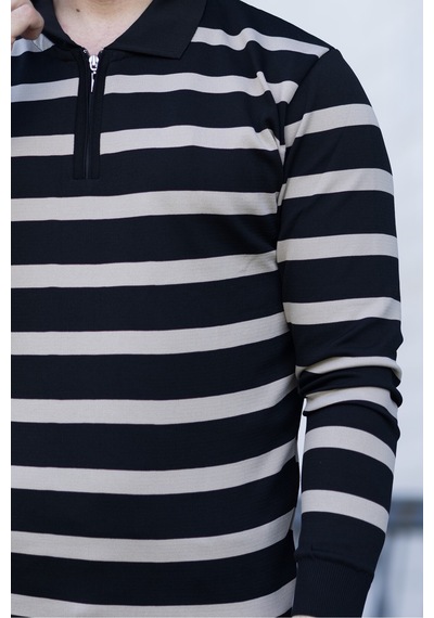 Hk Premium Kazak Fermuarlı Polo Yaka Çizgili Triko Sweatshirt Siyah